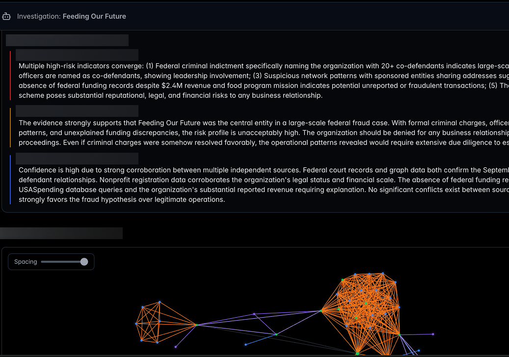 OrkaIntel investigation interface — Feeding Our Future case